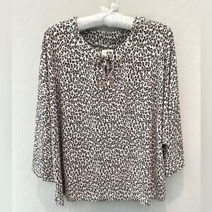 CHICO’S | Petite Leopard Print Grommet Lace-Up Knit Top | Size 2 Large